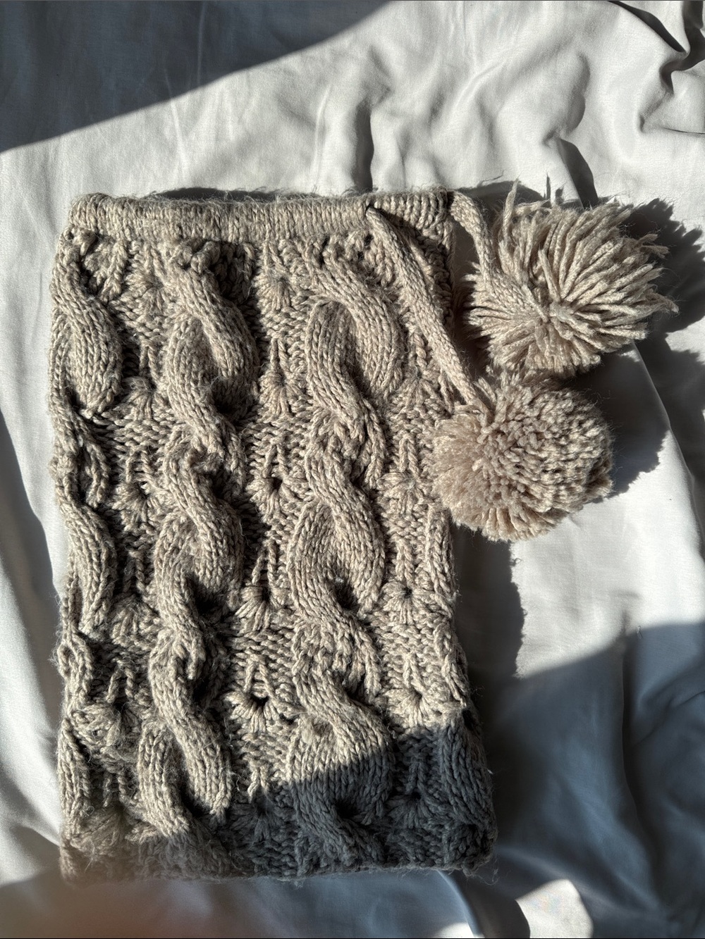 American Eagle Tan Knitted Scarf with Pom Pom